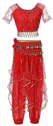 5-teiliges Damen-Bauchtanz-Profi-Kostüm-Set für Bollywood, indischer Volkstanz, arabisches Kostüm, ausgefallenes Party-Rock-Kleid, Performance-Kostüm, Karnevals-Outfit,Rot,XL