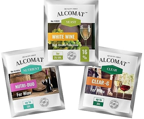 Alcomat Weinhefe Komplett-Set für 25/30 l Weißwein - Trockenhefe mit Weinklärmittel und Nährsalz - Reinzuchthefe für Wein Gärtemperatur 15-35°C - Alkoholtoleranz bis zu 16%