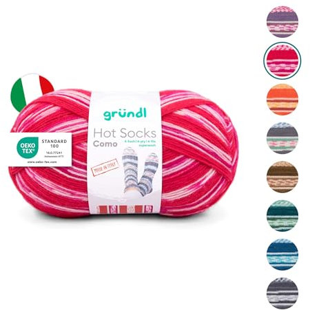 Gründl Wolle Hot Socks Como 4-fach - Sockenwolle für 1 Paar Socken - Sockengarn - Weich und hautfreundlich - 75% Schurwolle, 25% Polyamid - 1 Knäuel 100 g / 420 m -Nadelstärke 2,5-3 - himbeere-weiß