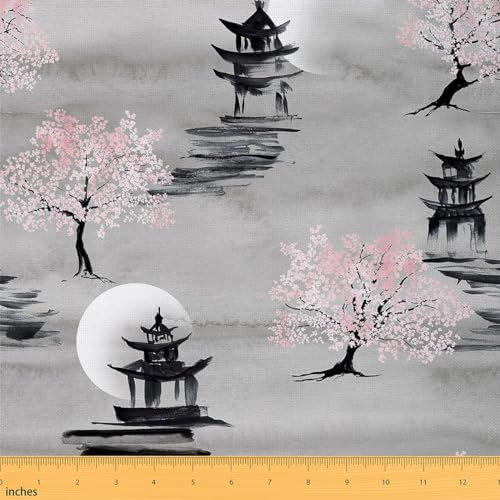 Telas japonesas al metro, Silla de tela flor de cerezo exótico 92x150cm, oriental Pagoda Sakura Sofá Telas para la decoración del hogar y proyectos de bricolaje para el hogar, gris rosa