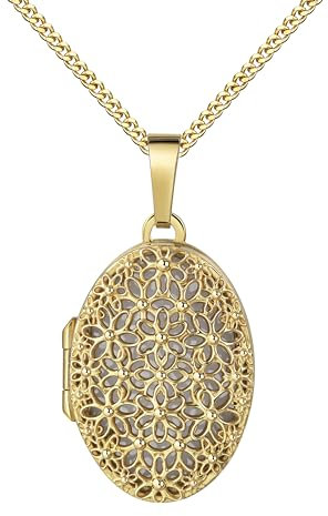 JEVELION Goldmedaillon Medaillon Gold 333 Amulett Anhänger oval für 1 Bild zum Öffnen für Damen Bildanhänger mit Schmuck-Etui Mit Amulettkette 925 Silber vergoldet - Kettenlänge 45 cm.