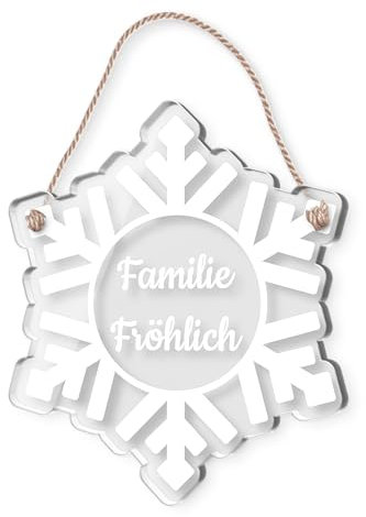Familien Weihnachtsschild für die Haustür mit Gravur - Schneeflocken Namensschild Türschild für Weihnachten | Kordel Schild für die Winterzeit - drinnen & draußen wetterfest - Größe 15x17 cm