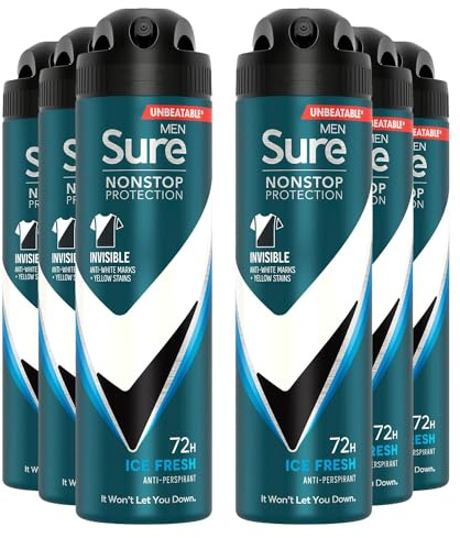 Sure Antiperspirant 72H Nonstop Sweat and Odour Protection Alcohol-Free Body Spray Anti-White Marks with Fresh and Sporty Scent Multi Fragrance Deodorant for Men, 150ml Pack of 6 (Ice Fresh)