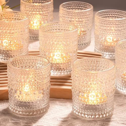Toptime Tea Light Candle Holders, Votive Candle Holders Set of 12, Clear Glass Candle Holder with Embossed Dot Pattern, Romantic Vintage Small Tealight Holders for Wedding, Birthday, Christmas
