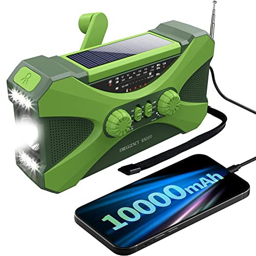 Juwaacoo 10000MAh Emergency Radio, Solar Hand Crank Radio, Portable Radio with Phone Charger, LED Flashlight Green