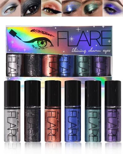Flüssiger Eyeliner Glitzer 6 Colors, Glitter Eyeshadow Makeup Set, Shimmer Smokey Waterproof Quick Drying Lidschatten, Silber Gold Metallic Eyeliner Weihnachten Augen Make-up Kit für Frauen-SetC