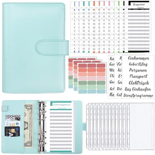 Budget Planner Deutsch A6,Geld Organizer Budget Planer mit 12 Binder Taschen, 12 Budgetblätter Deutsch,Sparbuch für Reisen,Tagebuch und Geschenk