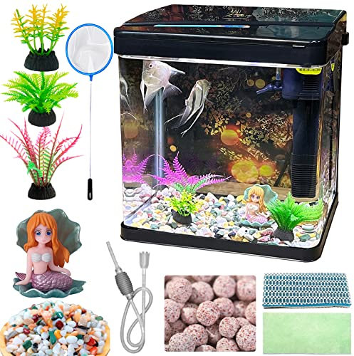 Glasfischbecken 16-Liter Aquarium Starter-Set Kleines Betta-Fischbecken Desktop Mini Fischschüssel für Garnelen Kleine Fische mit Pumpe LED-Licht Simulierte Wasserpflanzen und Filtermaterialien