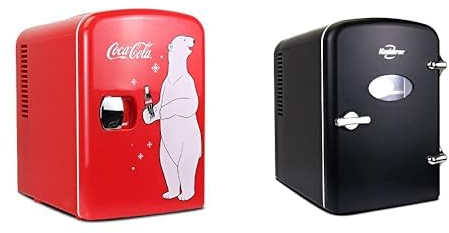 Koolatron Mini Fridge 4L Small Fridge 6 Can Quite Mini Fridges Mini Cooler Warmer for Office Home & Travel PB Red + Retro Mini Fridge 4L Table Top Mini Fridges for Skincare 12V Portable Cooler Black