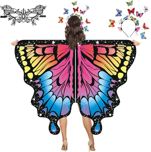 YOUYIKE 3 Set Schmetterling Kostüm Damen, Faschingskostüme Damen, Schmetterlingsflügel Erwachsene, Butterfly Top mit Schmetterling Haarreif Spitze Maske, für Karneval, Fasching, Mottoparty