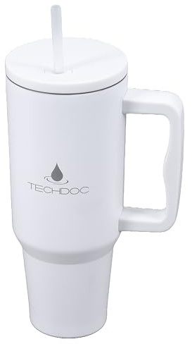 TechDoc 40 oz Insulated Tumbler with Handle & Straw | Stainless Steel Water Bottle | Vacuum Travel Mug | Iced Coffee Cup | Hot & Cold Drinks | Gift for Him & Her | White | 1180ml