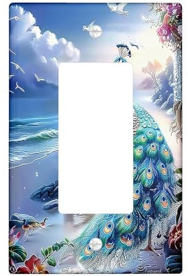 Peacock Light Switch Cover Plate, Blue Ocean Beach Scene Single Rocker Wall Plates, Spring Summer Wall s, Standard Size Thermoplastic Plate Cover Single Rocker