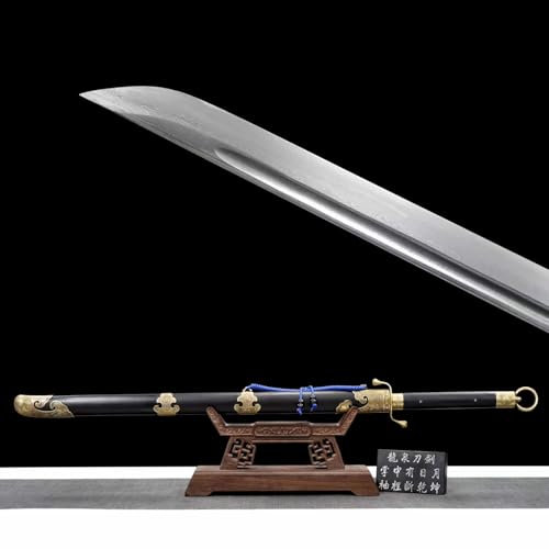 106cm Handgefertigtes Gerades Schwert mit Gemusterter Stahl Klinge,Natürlichem Ebenholz Saya mit reinem Kupfer Schnitzerei Verzierung,Chinesisches Katana zum Ausstellen,Sammeln,Geschenk,Dekor,Cosplay