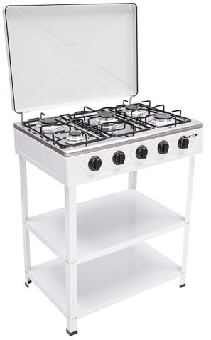 Réchaud à gaz 5 brûleurs, réchaud de camping à allumage manuel, avec support de pied amovible, brûleur de patio extérieur en fonte, support de rangement à 2 niveaux, brûleur de patio extérieur for cam