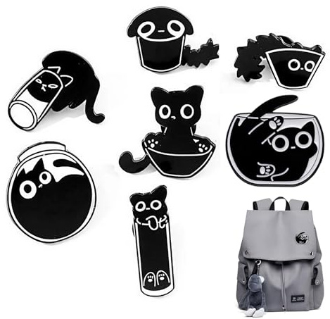 7-Stück Anstecker Pin,Pins Anstecker,Schwarze Katze Cute Brosche Anime Und Anstecknadeln,Lustige Katzen-Emaille-Anstecknadeln,lustig Rucksack Ierbrosche,Valentinstag Schmuck Cat Tierbrosche Black