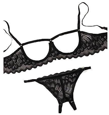 Sexy Lace Lingerie Women Floral Strappy Bra and Panties Set Sheer Mesh Babydoll 2 Piece Push Up Underwire Bralette G-String Underwear Naughty Hollow Sleepwear for Party Outfit Valentine (Black, M)