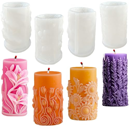 Syunyin 4 Stück Kerzenformen zum Gießen, Kerzenform Silikon DIY Kerzen Formen Silikon Blumen Zylinder Kerzen-Gießform Silikonformen, Kerzen Selber Machen Set Kerzengießform Groß