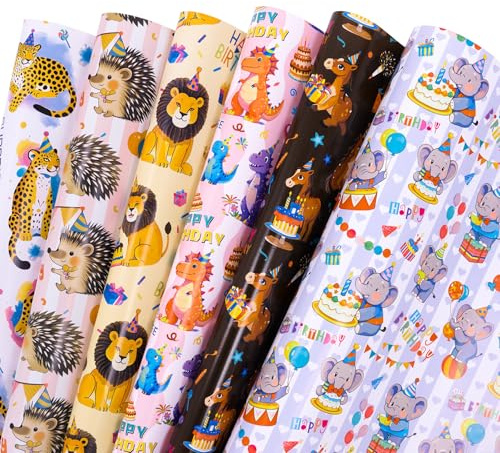 Larcenciel Geschenkpapier Geburtstag, Verpackungspapier mit Tiermotiven, Geschenkpapier Kinder Dino Pferd Elefant Leopard Igel Löwe, Geschenkverpackung Baby für Mädchen Junge Urlaub, 6 Blatt, 70x50cm