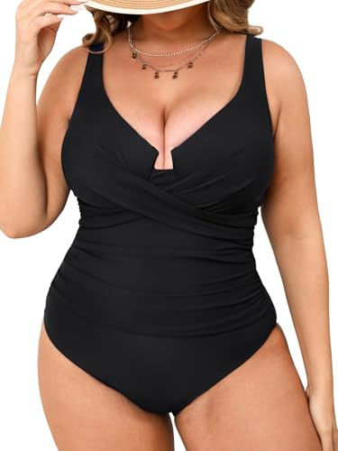 CUPSHE Dam stora storlekar baddräkt wrap look crossover bygel push up breda remmar magen väg rompning badkläder i ett stycke baddräkt, svart, XL plus size
