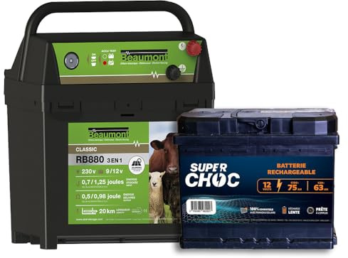 Beaumont - Électrificateur Mixte de Clôture RB880 + Batterie 12V 75 Ah - Poste 3 en 1, Alimentation Secteur, Batterie ou Pile - Facilement Transportable - Garde Tous Types d'Animaux