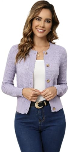 Boléro Femme Cardigan Court Gilet Veste Tricot Bouton Manches Longues Évidée Robe T Shirt Bretelle Chic Rétro Elégante Soirée Fête Décontracté Violet S