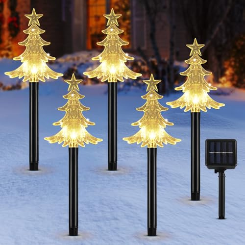 Lewondr Solarleuchten für Außen, 5 PCS Weihnachtsdeko Solarlampen für Garten, 2 Beleuchtungsmodi Weihnachtsbaum Lampe mit Gartenpfahl, Wasserdicht Solarleuchten Weihnachten für Hof Gehweg Urlaub Deko