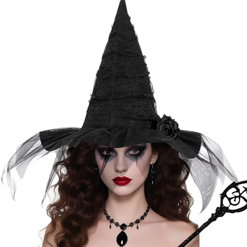 Fonyet Halloween Hexenhut Damen Sexy Hexenhut mit Schleier und Rosen, Hexenkostüm Accessoires Hexe Verkleiden Zubehör Hexen Kopfschmuck für Halloween, Karneval, Fasching