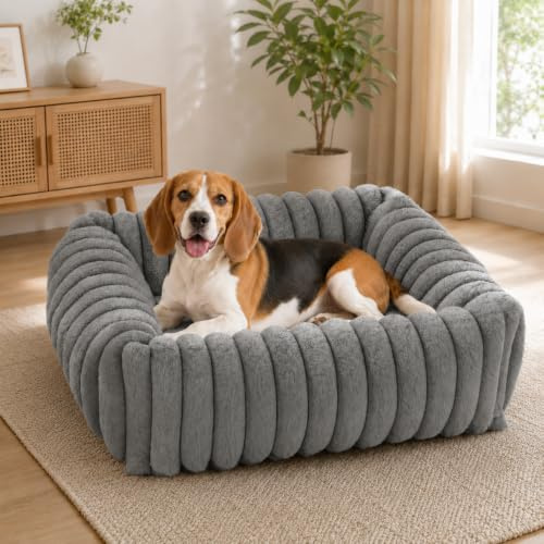 Oveppy Dog Bed for Medium Large Dogs, Super Soft Rectangle Washable Dog Beds, Warming Furry Pet Bed with Removable Zipper Cover, Grey, 63x53x21cm