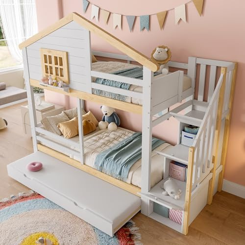 RIAZOS Kinderbett 90x200 cm, Etagenbett mit Stauraumtreppe, Multifunktionsbett mit Ausziebett, Hausbett mit Fenster, Bettgestell mit für 3 Kinder, Weiß+Natur, ohne Matratze
