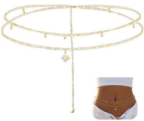 18K Gold Plated Waist Chain for Women – Double Layered Pearl Sun Belly Chain, Adjustable Waterproof Bikini Body Jewellery for Beach/Pool Summer Vacations (Gold)