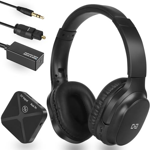 Cuffie wireless per guardare la TV, cuffie TV per anziani, trasmettitore ottico e connessione da 3,5 mm, portata 30,5 m, 48 ore di riproduzione, nessun ritardo 2,4 G RF, facile installazione, regalo