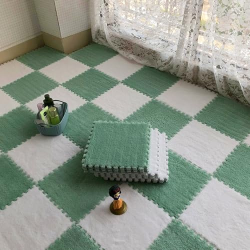Xiyocadt 10 Stück Puzzle Teppich Matte, Puzzlematte Boden Fliesen-Plüsch Schaumstoff Fußmatten, 30 * 30cm Puzzle-Spielmatten für Schlafzimmer, Spiel (Grün Weiß,30 * 30 * 0.6CM)