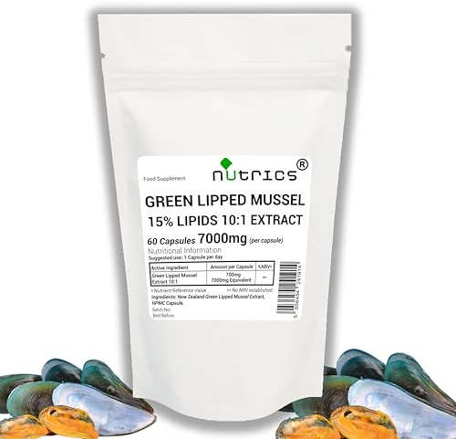 Nutrics® Green Lipped Mussel Extract Capsules 7,000mg per Capsule 15% Lipids 10:1 Extract 100% Pure No Fillers Binders or Bulking Agents 60 Capsules