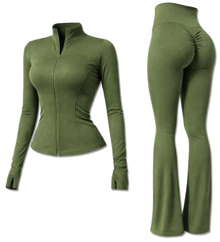 Yu & Me PARIS Women 2 Piece Slim Fit Gym Wear Tracksuit Set – Zip-Up Jacket & High Waist Flared Cut Scrunch Leggings Ruched Seam – Activewear, Yoga