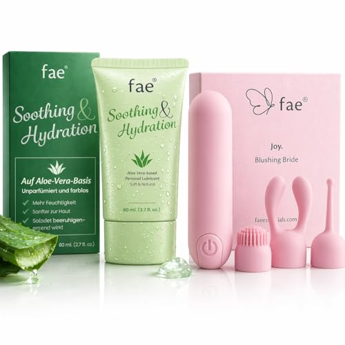 Fae Intimset für Frauen – Joy Mini Vibrator mit 10 Vibrationsmodi & 3 Aufsätzen + Wasserbasiertes Gleitgel 80ml mit Aloe Vera – Klitoris & G-Punkt Stimulator, Silikon, USB, pH-hautneutral, Parabenfrei
