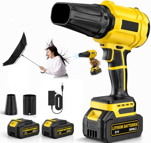 Soplador de Hojas con 2 Batería 4,0Ah, 21V Soplador Batería 800,000 RPM, 65 m/s, Velocidad Regulable, 2 Boquillas y Diseño Ligero para Jardín, Terraza, Patio y Coche (Amarillo)