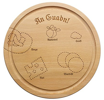 SNEG-DE Brotzeitbrett rund mit bayrischem Motiv (Vesperteller) | Guadn | urig | bayrisch | bayerisch | Brotzeitteller | persönliche Gravur möglich (Motiv mit Text An Guadn!)