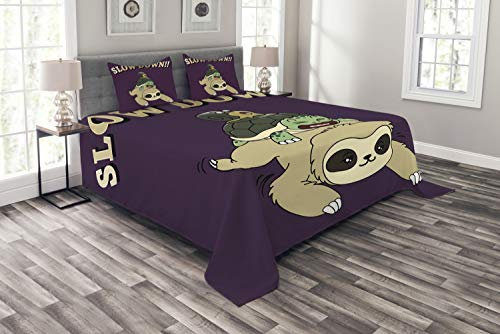 ABAKUHAUS Faultier Tagesdecke Set, Lustige Cartoon Landschaft, Set mit Kissenbezügen Sommerdecke, für Doppelbetten 220 x 220 cm, Mehrfarbig