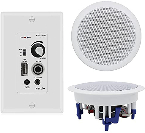 Herdio 5.25'' Home Audio Package Wall Mount Bluetooth Amplifier Receiver System with 300W in Ceiling Wall Passive Speakers Great for Home Theater Office Bathroom Kitchen Living Room (A Pair)