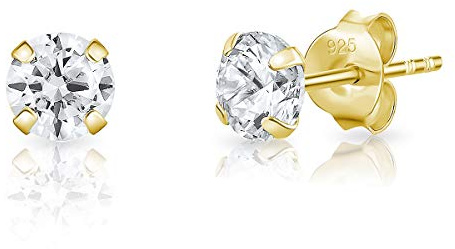 Pendientes de Plata de Ley 925 para Mujer - Aretes Chapados en Oro Amarillo con Circonita Brillantes - Diámetro 2, 3, 4, 5 o 6 mm