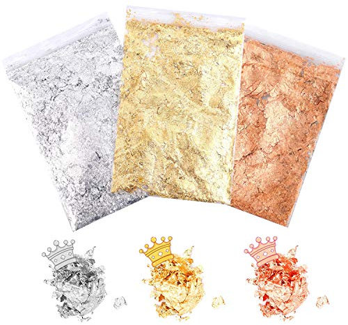 3 Packs Blattgold, XCOZU Imitation Gold Flocken Blattgold Flakes zum Basteln, Metallic Folien Goldfolie für Harzkunst, Nageldekore, Handwerkliche Verzierungen (Gold, Silber, Kupfer, 3g für Pack)