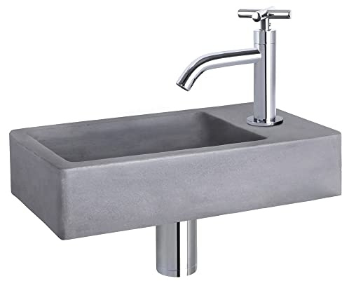 Differnz Force Waschbecken - Waschtisch Dunkelgrau Beton - Gebogener Wasserhahn mit Kreuzgriff Chrom - Komplettset - 40 x 22 x 8 cm