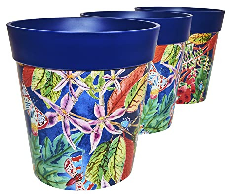 Hum Flowerpots, 22cm Set of 3, Various Patterns Colours and Sizes, Indoor/Outdoor Plastic Plant Pots, Blue Leaves and Butterflies