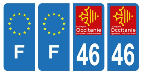 HADEXIA Set mit 4 Aufklebern für Nummernschild, Département 46, Region Okzitanie & F Frankreich, Europa