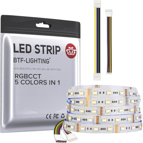 BTF-LIGHTING RGBCCT 5050SMD RGBWW 5in1 5M 60LEDs/m LED Streifen IP30 DC12V | RGB+Kaltweiß+Warmweiß Weiß PCB LED Band 5 Farbe in 1 LED für Zimmer Garten Heimdekoration(Nur LED-Streifen)