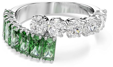 Swarovski Anillo Matrix, Anillo de Banda Superpuesta Zirconia Transparentes y Verdes en Tallas Redonda y Baguette, Colección Matrix, Baño de Rodio, Verde