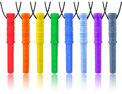Sensory Chew Necklace by GNAWRISHING, 8 Pack Cylinder Chew Necklaces for Sensory Kids, Made from Food Grade Silicone for for Autistic, ADHD, Oral Motor Boys and Girls Children (Rainbow Color)