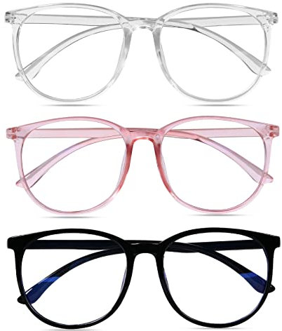 URAQT Blaulichtfilter Brille, Rund Anti Blaulicht PC Gaming Brillen Modebrille, Blue Light Blocking Glasses, Ohne Stärke Blaufilter Brille für Damen und Herren (Schwarz & Weiß & Rosa)