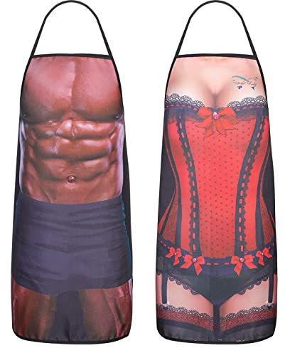 Vspek 2 Stück Lustige Schürze, Neuheit Grillschürze Muskel Kochschürze, Herren Damen Wasserdichte Küchenschürze Geschenke Set, für Valentinstag Weihnachten Geburtstag Party Kreative Geschenke