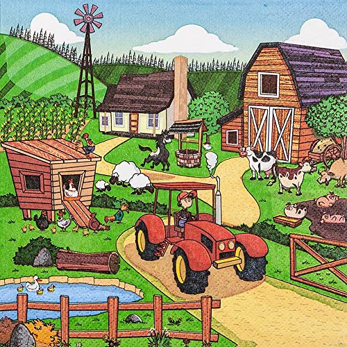 Lot de 20 serviettes de table - Pour enfants - Ferme - Garçon - Fille - Décoration de table - Découpage - Technique de serviettes 33 x 33 cm